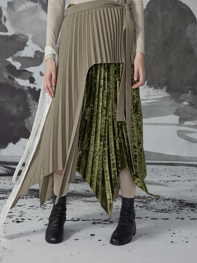 

IRINACH13 Fall Winter 2019 New Collection velour and wool patchwork asymmetrical long pleated skirt women