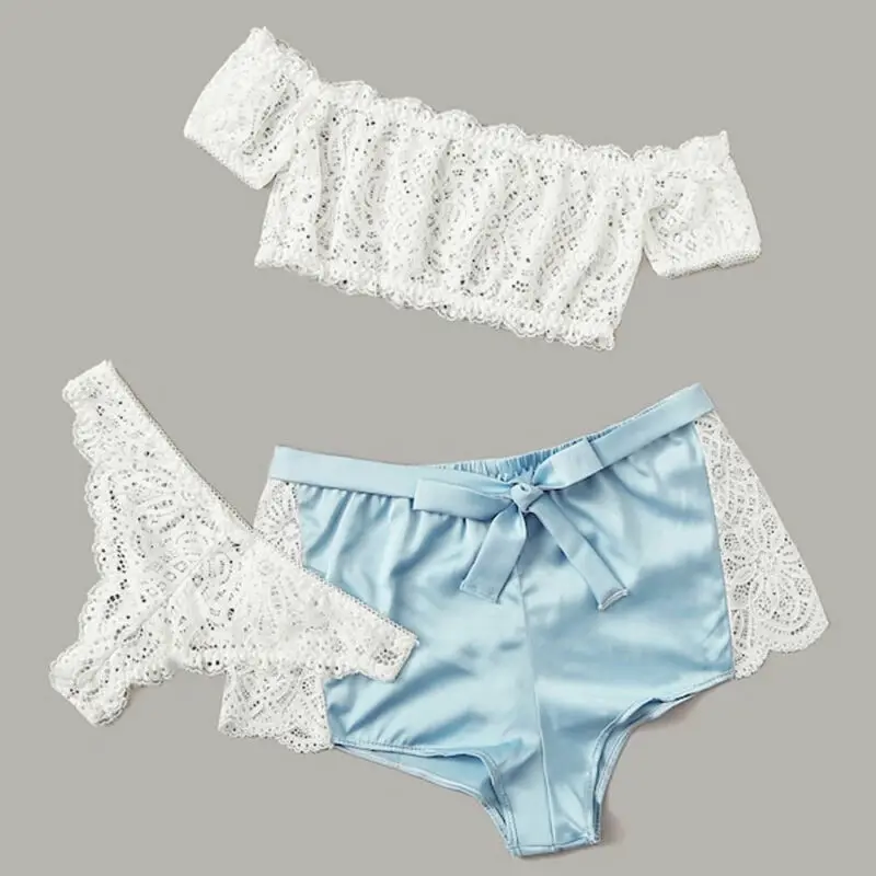 Комплект из 3 предметов женская одежда для сна женское белье Шелковый кружевной