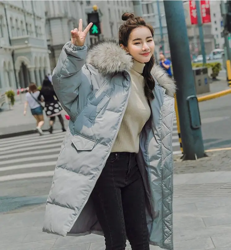 Photo Color Новые осенне-зимние длинные негабаритные пальто женские с капюшоном с меховым воротником теплые плотные большие карманы пуховое хлопковое пальто женские 1234 - Цвет: Photo Color