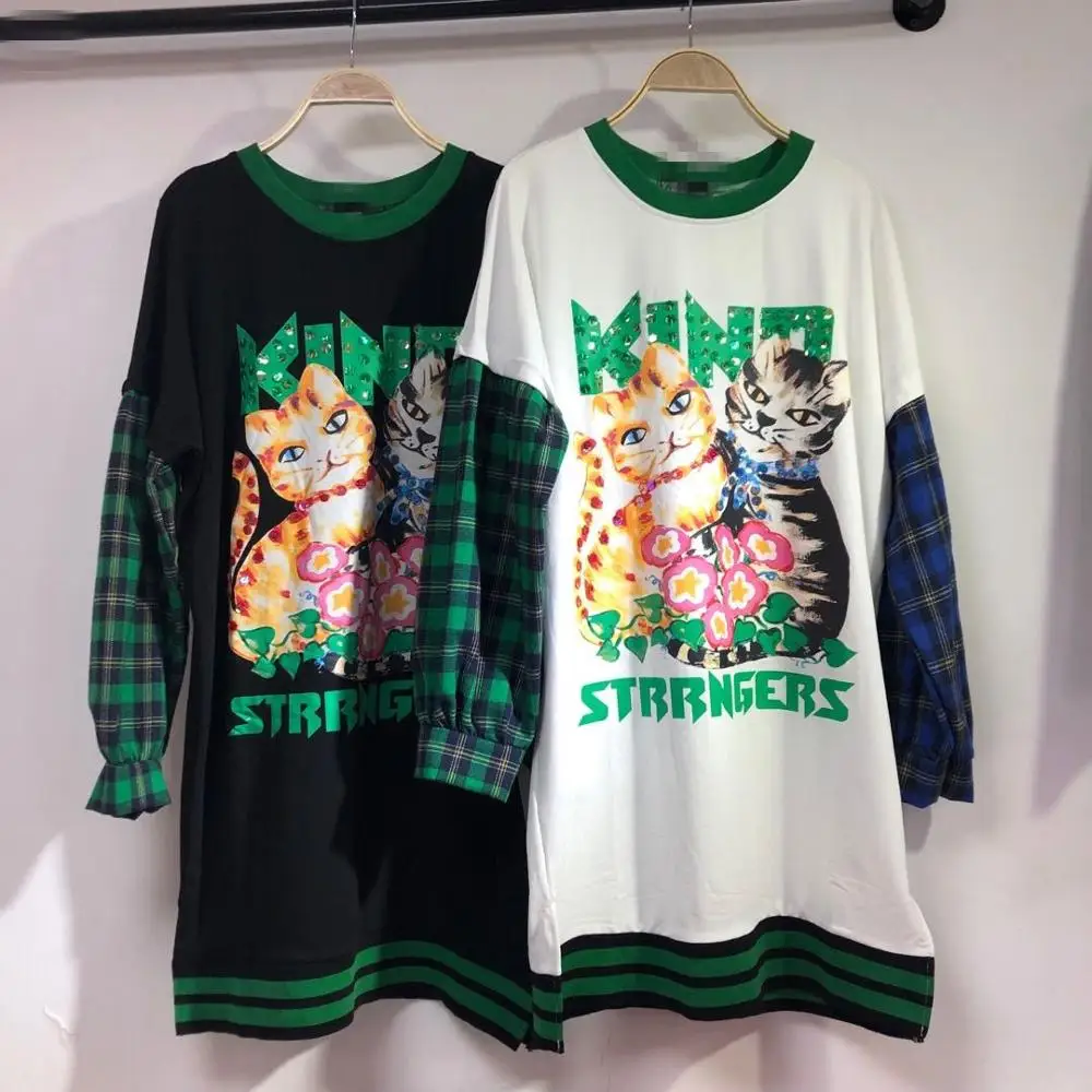 

Contrast Color Blocked Long Sleeve Shirt Women Cartoon Sequins Autumn Jumper Large Size Loose O-Neck Sweatshirts
