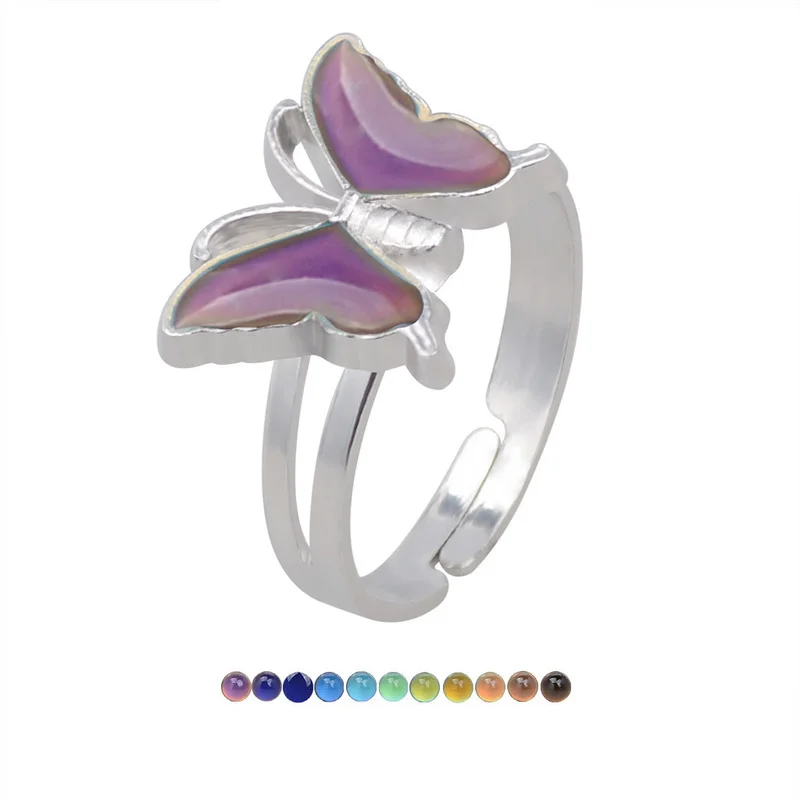 Feeling-anillos con forma de mariposa para mujer, cambio de Color con la temperatura, tamaño ajustable, joyería, regalo de cumpleaños para niña, juguete para niños