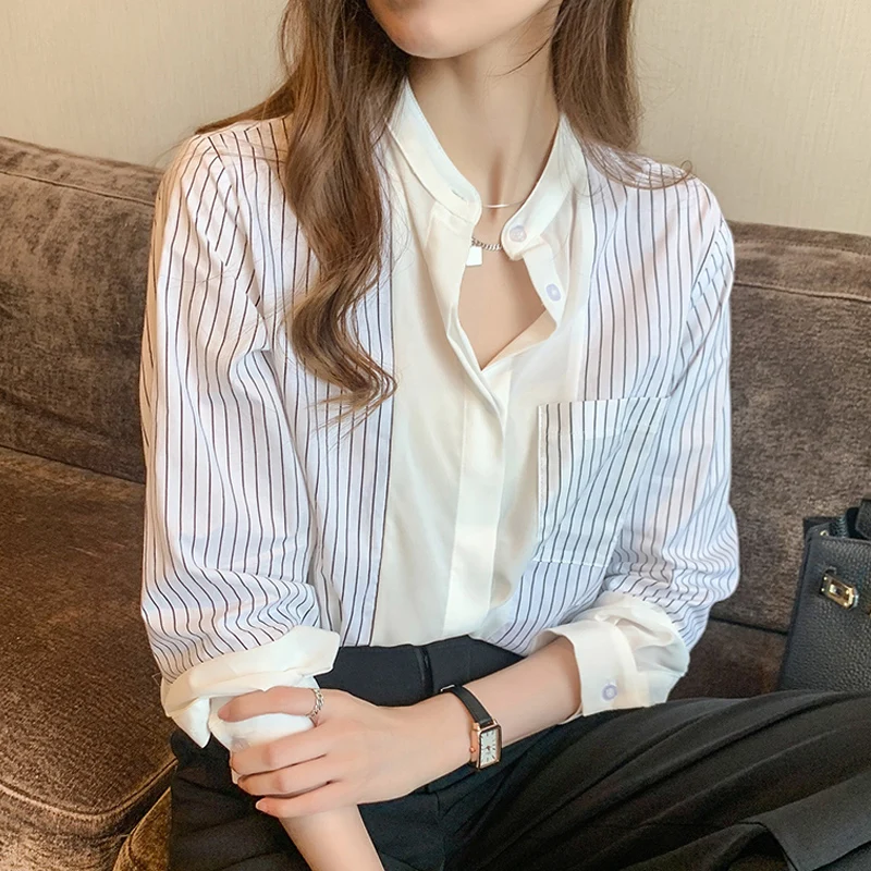 Блузка с длинными рукавами Для женщин Blusas Mujer De Moda 2021 в полоску без рукавов