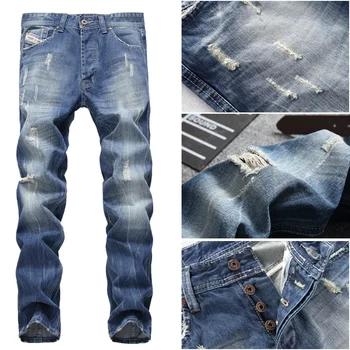 

VOMINT New Europe All Season Men Straight Hole Slim Jeans Cotton and Spandex Men Long Straight Hole Slim Jeans