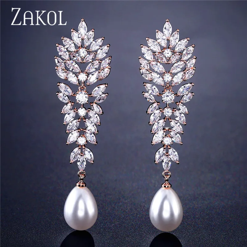 Роскошные длинные висячие серьги в форме маркизы с кристаллами циркония от ZAKOL для женщин, модные свадебные ювелирные изделия с искусственным жемчугом FSEP2211