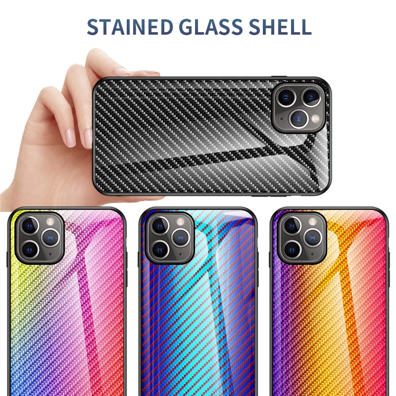 

Carbon Fiber Case for iPhone 11 Pro Tempered Glass Colorful Gradient Cover for iPhone 11 Pro Max XS XR XS Max 7 8 Plus Fundas