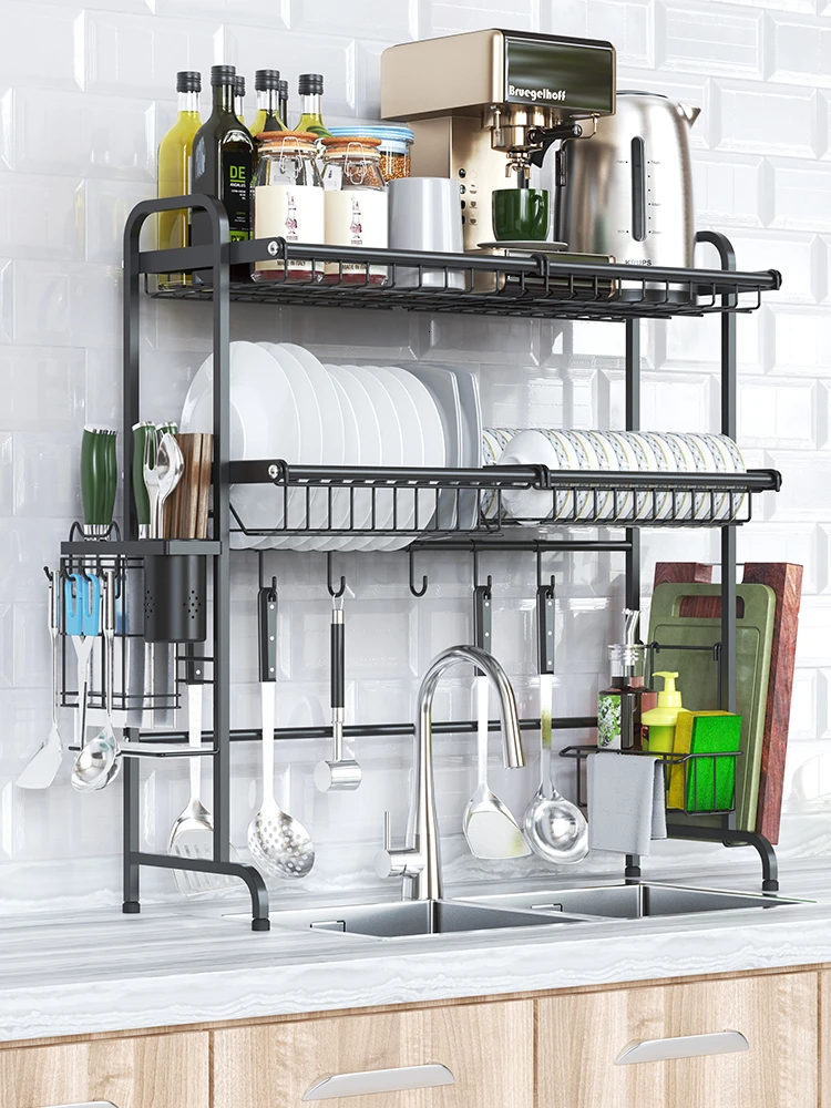 

304 2 Black Stainless Steel Kitchen Racks Household Layer Sink Hanging Drain Dish Storage Rack Organizer drainer