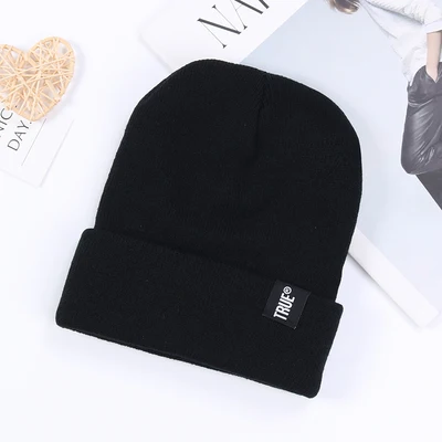 Зимняя вязаная шапка Skullies Beanies, зимняя шапка с надписью True, мягкая шапка в стиле хип-хоп для мужчин и женщин, повседневный широкий берет-Боб, унисекс, прочная чашка - Цвет: Black