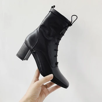 

New Quality Genuine Leather Female Short Boots Women lace up Ankle Boots High Heels Night Club Shoes Woman Chelsea Boots