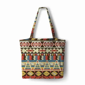 

Customized flowers geometric pattern woman Handbag Linen polyester shopping Tote Home Storage with Casual Traveling Beach Bags
