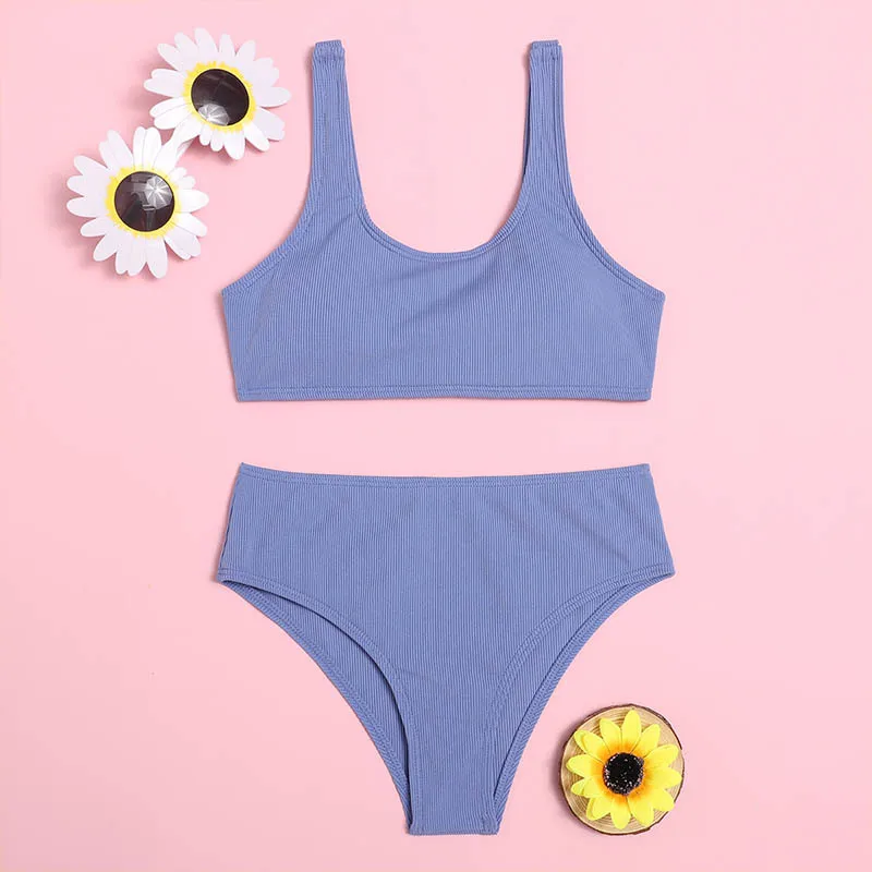 Solid Girl Swimsuit Kids Ribbed High Waist Bikini Set Two Piece Children's Swimwear Padded Girls Bathing Suit Beachwear Biquini