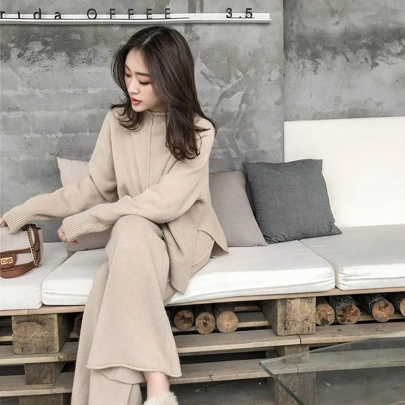 Autumn Winter 2 Piece Set Women Knitted Suit Loose Half Turtleneck Sweater Pullover+Wide Legs Pants Suit Tracksuit Trousers Suit