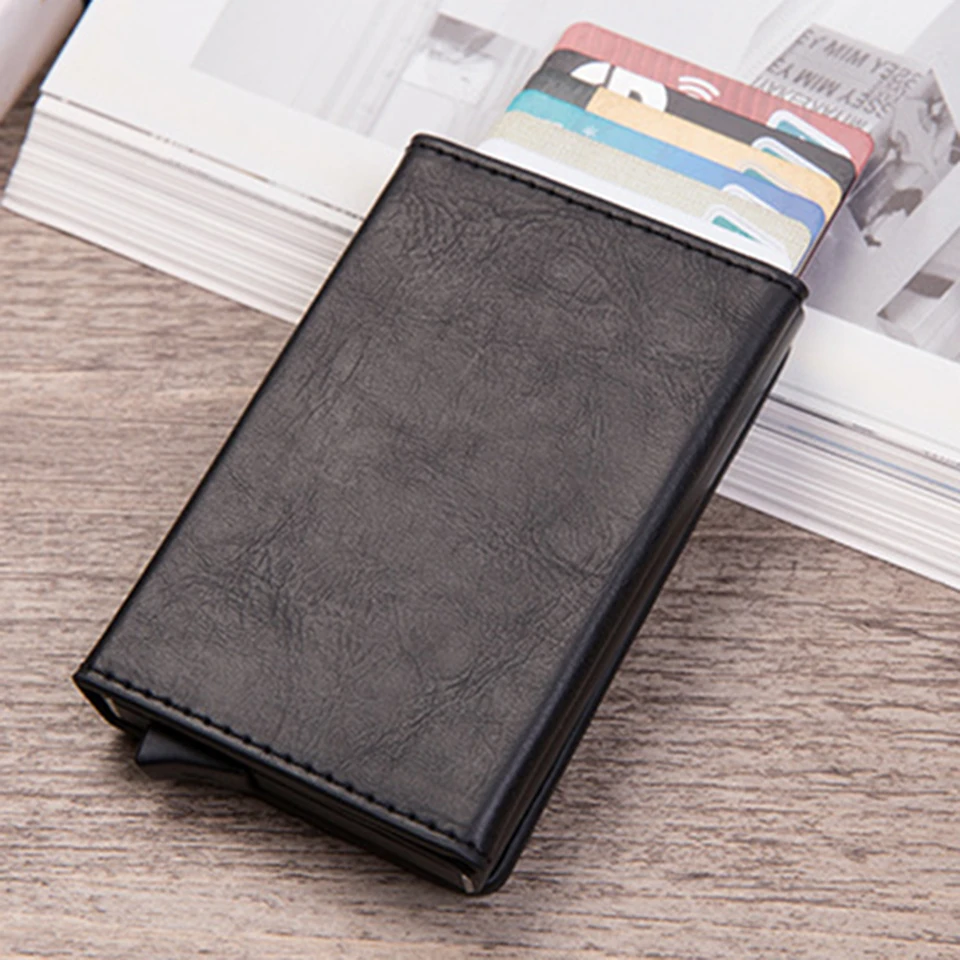 Oswego модный держатель для кредитных карт алюминиевая карточка коробка кошелек Кошельки Мини RFID искусственная кожа Автоматический чехол для банковских карт тонкий унисекс - Цвет: black color B