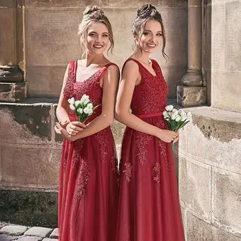

Deep Red Bridesmaid Dress Appliques Beaded Tulle A-line Prom Gown Vestidos De Madrinha for Wedding Party