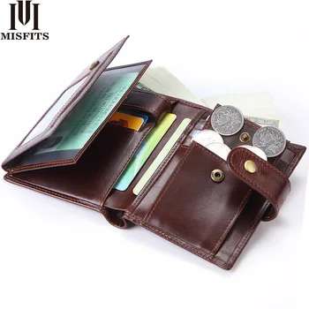 

MISFITS Cow Leather Men Wallets with Coin Pocket Vintage Male Purse Function Trifold Purse Money and Cards 100% Cow Leather