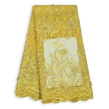 

2020 High Quality Nigerian Lace Fabric French Tulle African Fabric Lace Beads Embroidered Flowers Yellow For Women's Dress