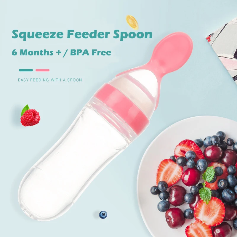 Silicone Squeeze Feeding Spoon 6 Months+ 3oz/90ml Baby Food Dispensing Feeder Infant Travel Feeders for Cereal | Мать и ребенок