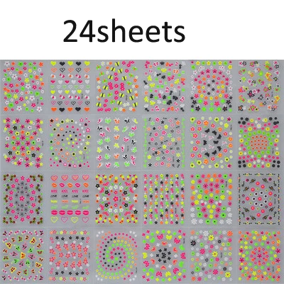 24pcs 24 шт. светящиеся флуоресцентные 3D наклейки для ногтей цветок Звезда мультфильм декоративные наклейки, Переводные 3D наклейки для ногтей - Цвет: 24pcs