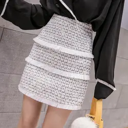 Зимние твидовые юбки с кисточками Женская клетчатая мини-юбка-карандаш Harajuku белая элегантная деловой пикантный женский корейские юбки