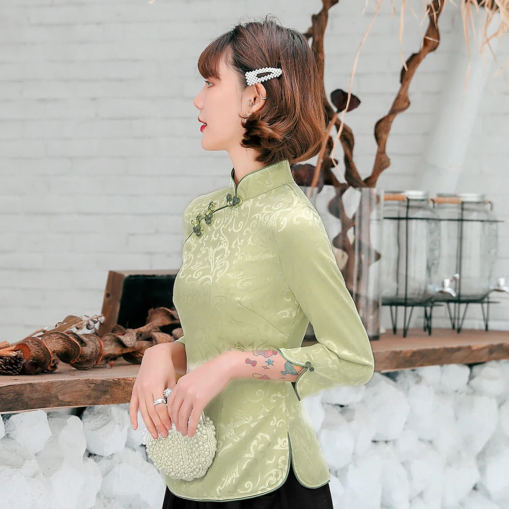 Elegant Satin Chinese Women Mandarin Collar Shirt Novelty Green Printed Blouse Half Sleeve Classic Handmade Button Tops
