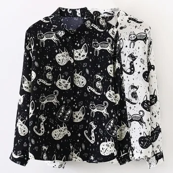 

Animal Print Black Shirt Women Long Sleeve Blouse 2020 Gothic Streetwear Casual Shirts Spring Preppy Girl White Blouses