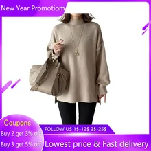

Winter Women Pullovers 2021 Khaki Turtleneck Mid-Length Patchwork Moderate Sweater Office Lady Casual Top Autumn Female Clothing