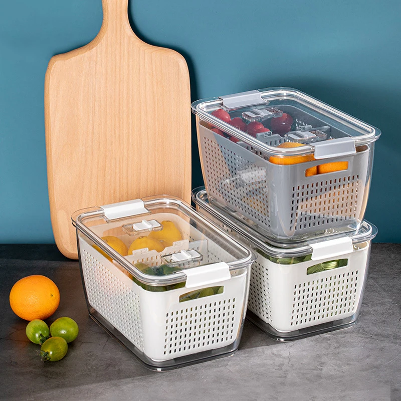 

White Kitchen Storage Containers Plastic Fresh-Keeping Box Refrigerator Fruit Vegetable Drain Crisper Kitchen Storage Box
