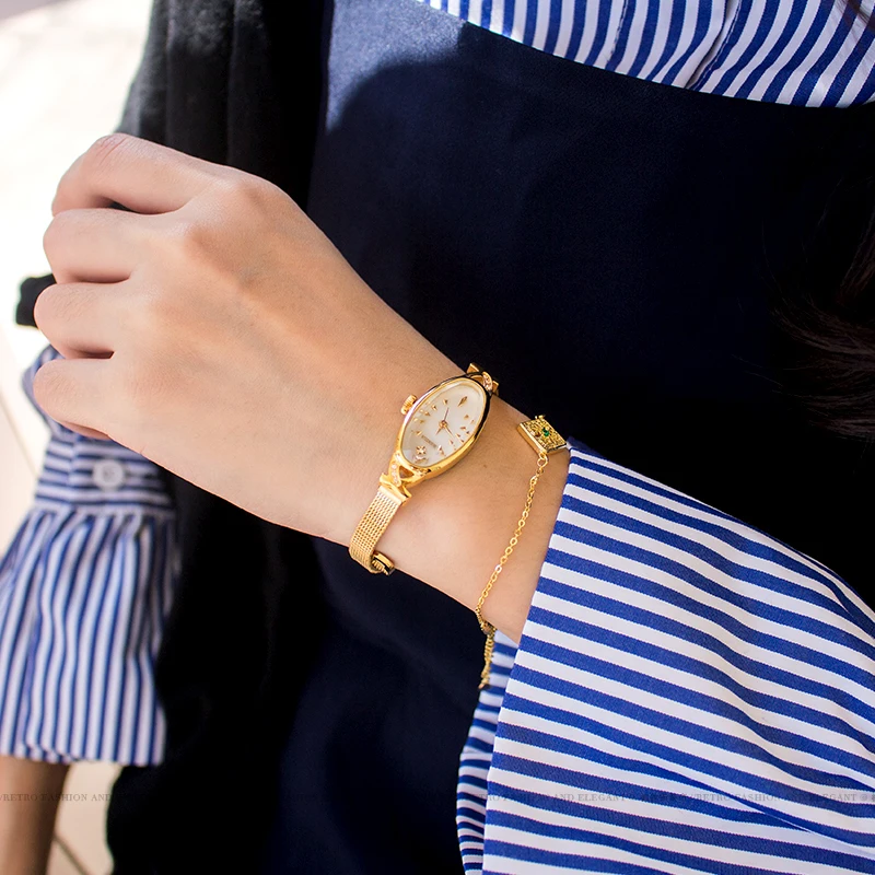 24k gold copper Japanese women watch retro oval shape small