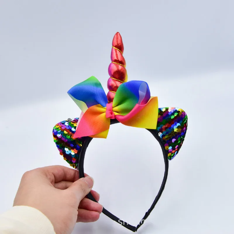 

1pcs Handmade Kids Party Unicorn Headband Glittery Hairband Sequin Bow Cat Ear hairbands Halloween Party Hair Accessories
