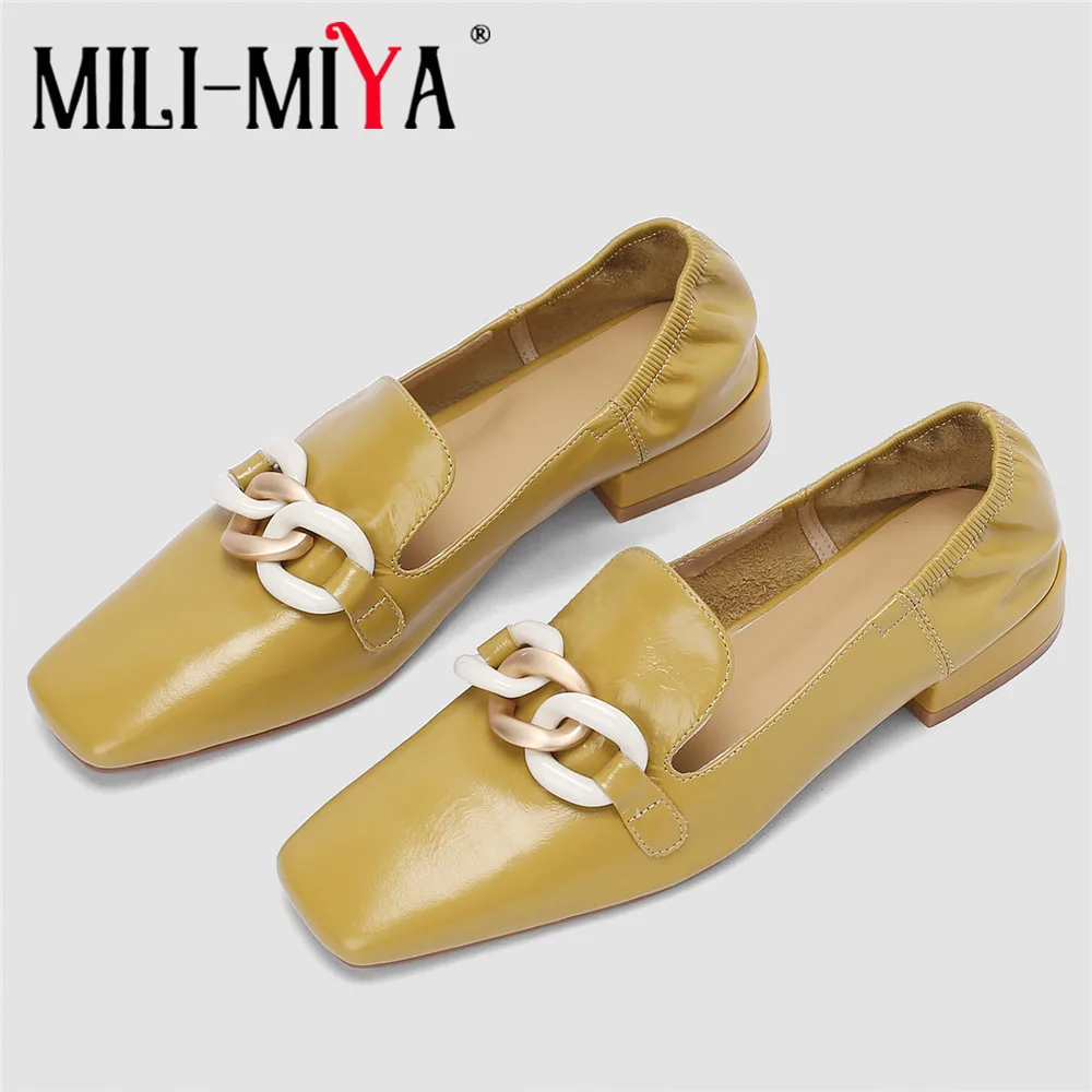 

MILI-MIYA Fashion Brand Design Chain Women Pumps Square Toe Slip On Low Heel Spring Autumn Soft Cow Leather Party Dress Shoes