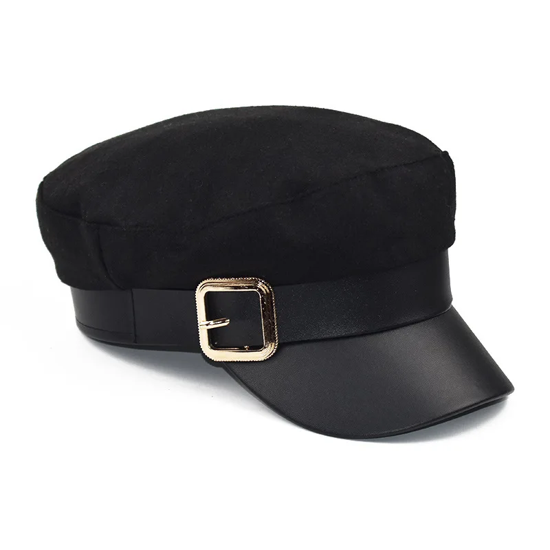 Женские черные шапки в стиле милитари; сезон осень-зима; модные шерстяные шапки из искусственной кожи в стиле пэчворк; кепки с поясом для женщин; Gorras boinas para mujer - Цвет: Черный