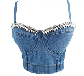 

Rhinestone Sexy Top Crystal Denim Tank Women Club Party Retro Condole Belt Cowboy Tops
