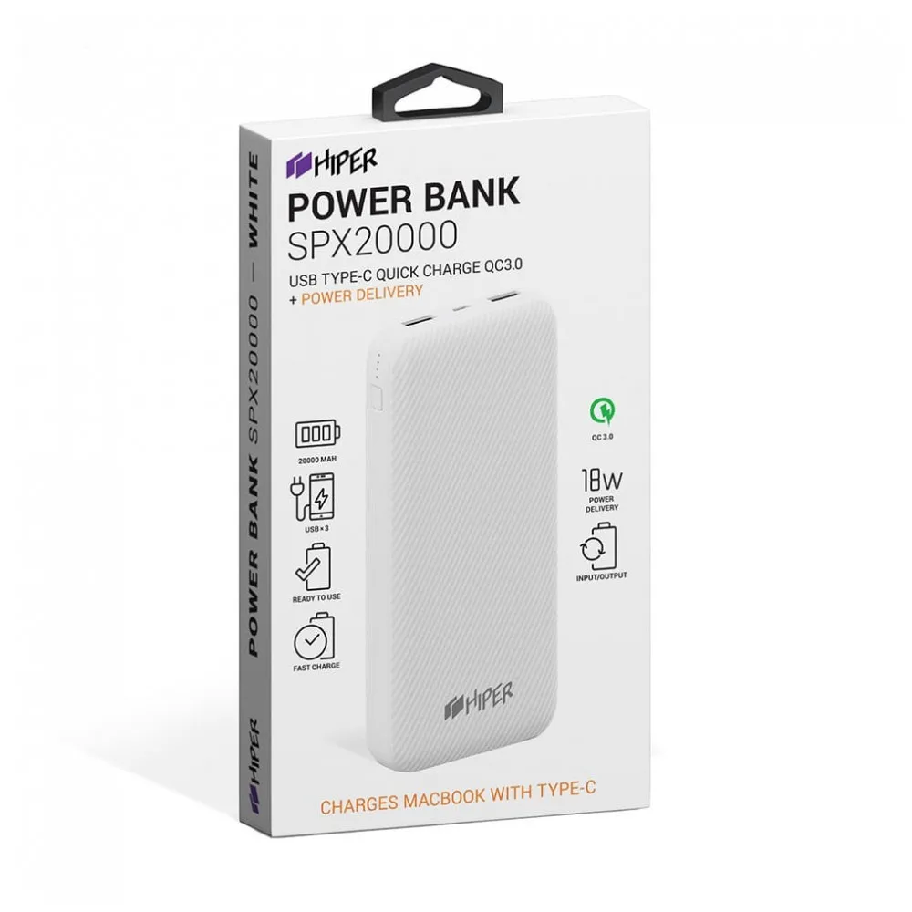 Внешний аккумулятор HIPER SPX20000 Li-Pol 20000mAh 3A 2xUSB 1xType-C белый