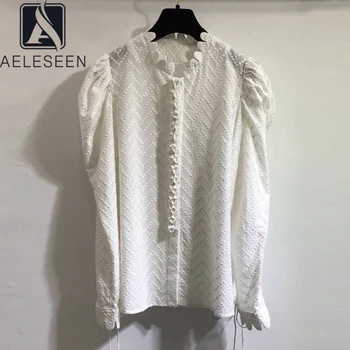 

AELESEEN Runway Fashion White Blouse 2020 High Quality Long Puff Sleeve Floral Embroidery Ruffles Bow Party Holiday Blouse
