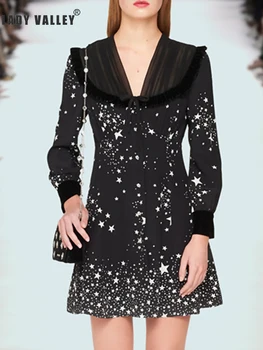 

Free shipping pleated stitching contrast color V-neck fungus print star pattern waist dress ladies spring new retro personality