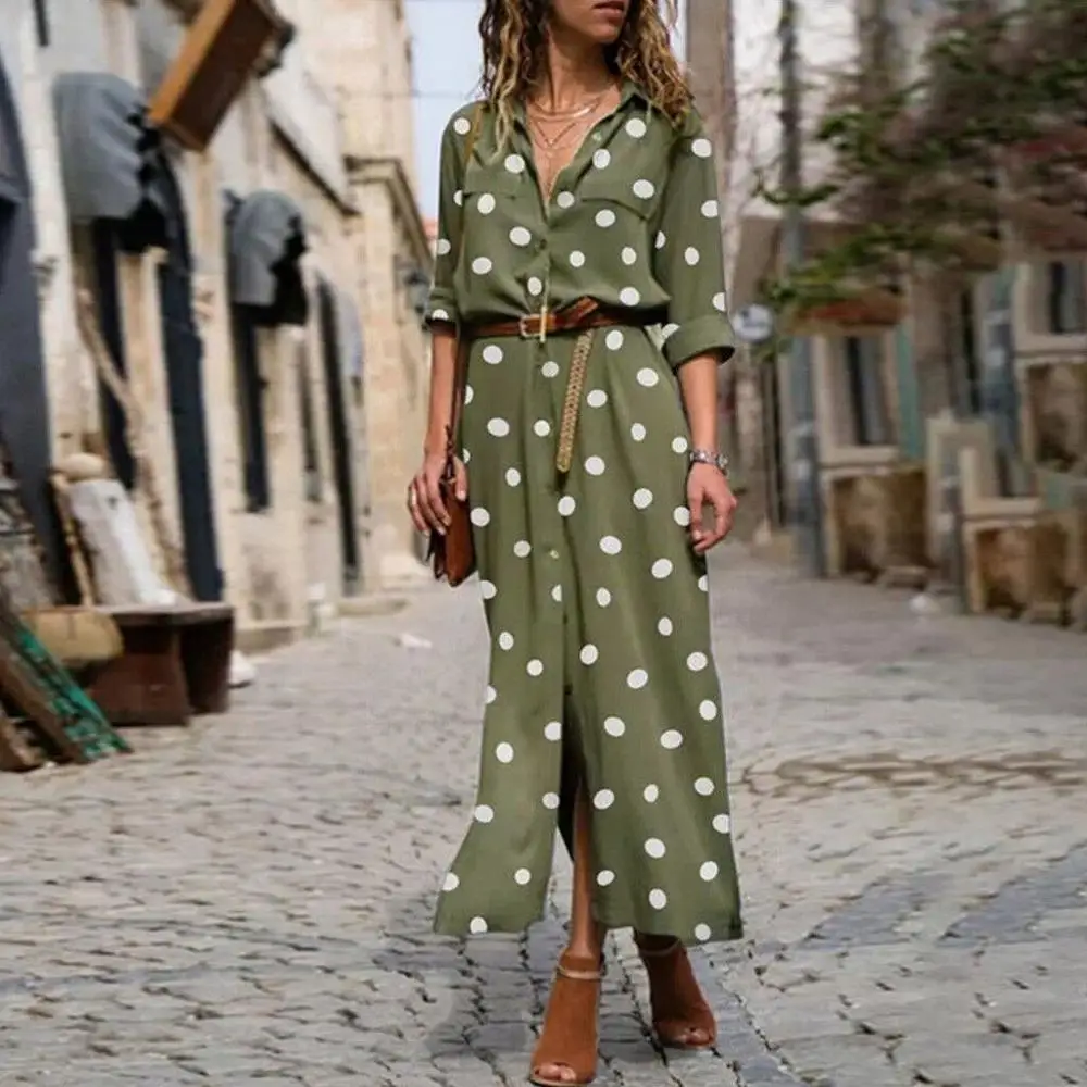 Women Summer Dot Print Dress Long Sleeve Button Party Beach Vintage Polka-Dot Elegant Dresses | Женская одежда