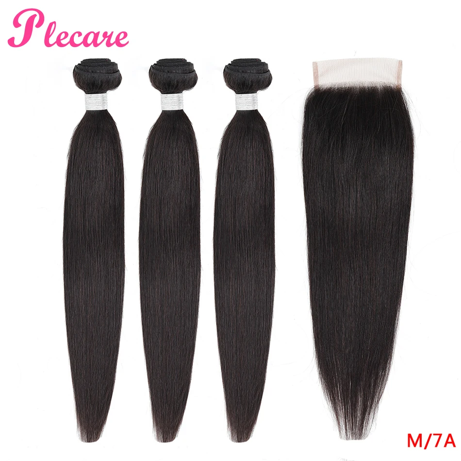 

Plecare Bundles With Closure Brazilian Hair Weave Bundles Straight 100% Human Hair Natural Color Middle Ratio 8-30 Inch Non-remy