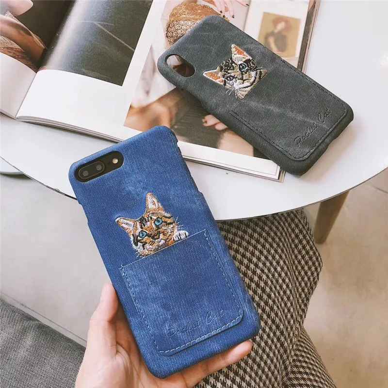 

Cute Cartoon Cat Pocket Phone Case For Iphone XR XS Max 3D Embroidery Cat Back Cover For iPhone X 8 7 6 6S Plus Card Holder Case