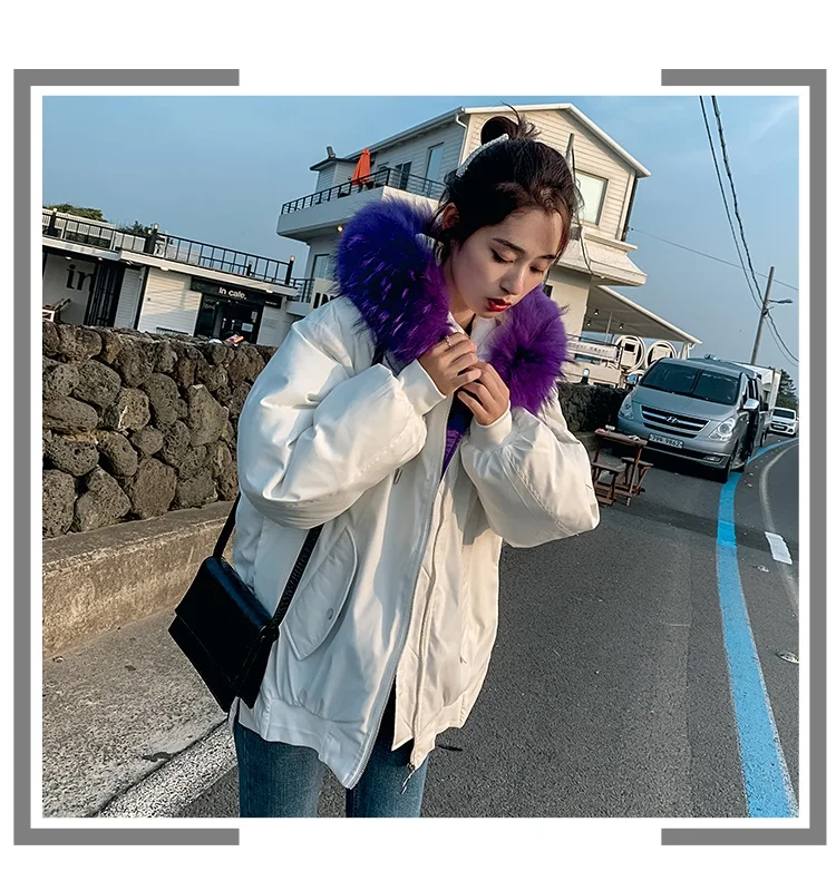 New Winter Cotton Coat Women Big Fur Collar Down Parka Jacket Hooded Winter Warm Jacket Womens Korean Loose Down Padded Outwear