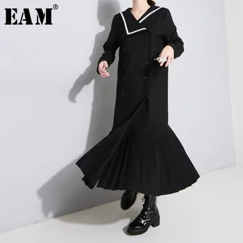 

[EAM] Women Double Breasted Hem Pleated Long Trench New Lapel Long Sleeve Loose Fit Windbreaker Fashion Tide Spring 2020 1H010