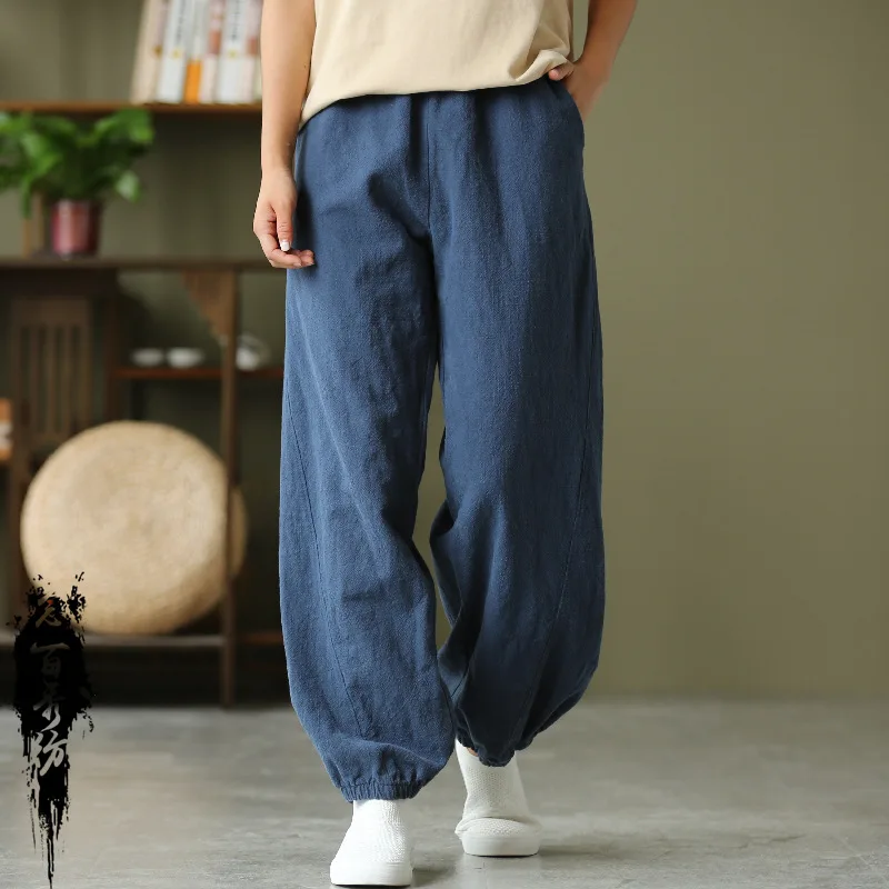 

7Colors Women Chinese Style Kung Fu Tai Chi Bottoms Pants Cotton Linen Zen Tea Retro Bloomers Elastic Waist Casual Trousers