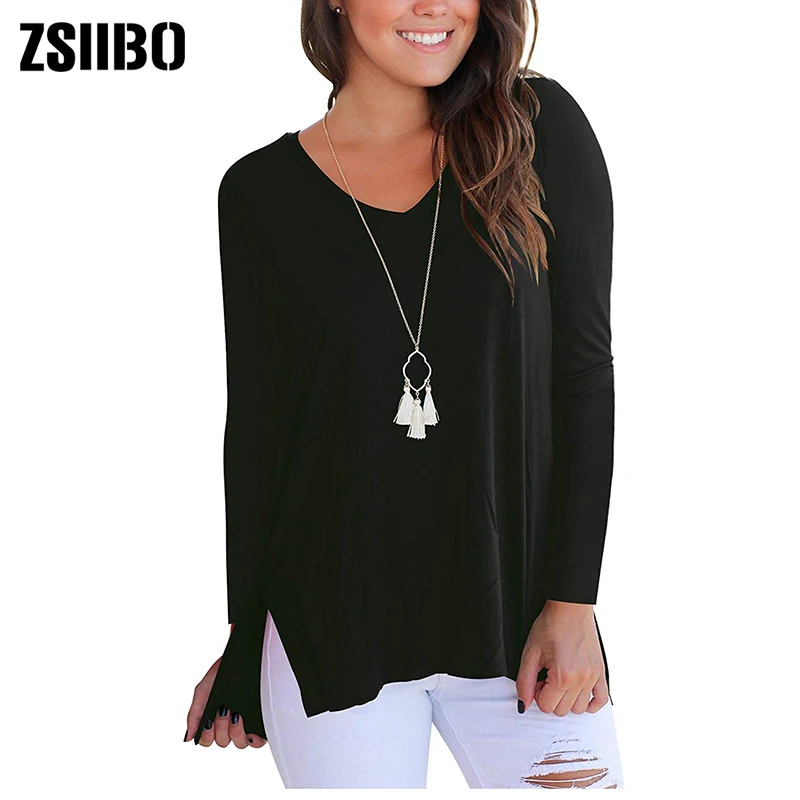 

2019 ZSIIBO Womens Short Sleeve T Shirt V Neck Loose High Low Tee Shirts NVTX178