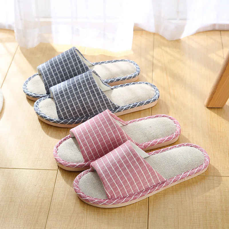 

Linen Slippers 2019 New Style Spring Summer Plaid Home Couples Adjustable Four Seasons Slipper