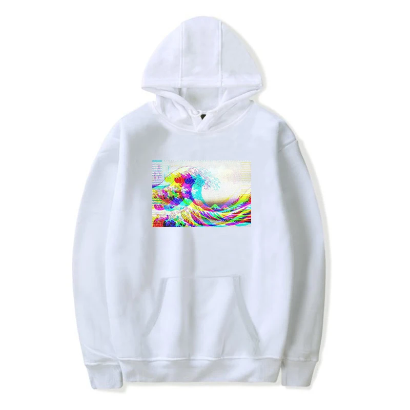 Мужская большая волна от Vaporwave цвет глюк печати толстовки Мужская Хип-Хоп мода унисекс японский Harajuku ретро мужская Толстовка - Цвет: White-03