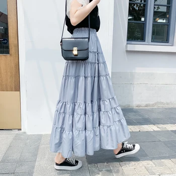 

2020 Summer High Waist A-line Skirts Womens Korean Style Office Ladies Cake Ruffles Long Skirt Casual Midi Calf Skirts Female