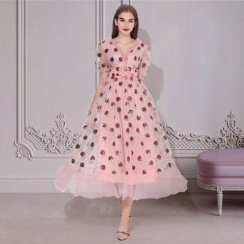 Maxi Dresses For Women 2021 Summer Strawberry Dress Plus Size Mesh Robe Sexy Party Club Elegant Female Casual Dresses Vestidos 1