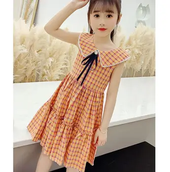 

Girls dress summer new children's cotton plaid kids clothes sleeveless doll collar 3-12 casual children's clothing