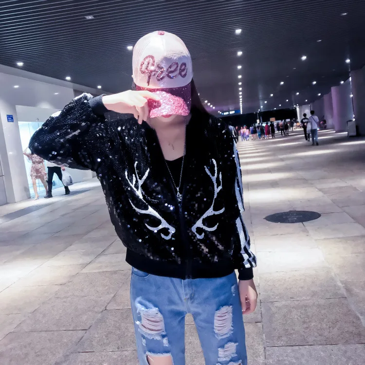 

2019 Autumn New Style Europe And America WOMEN'S Dress Sequin Coat Cartoon Pattern Jacket Loose-Fit Baseball Uniform