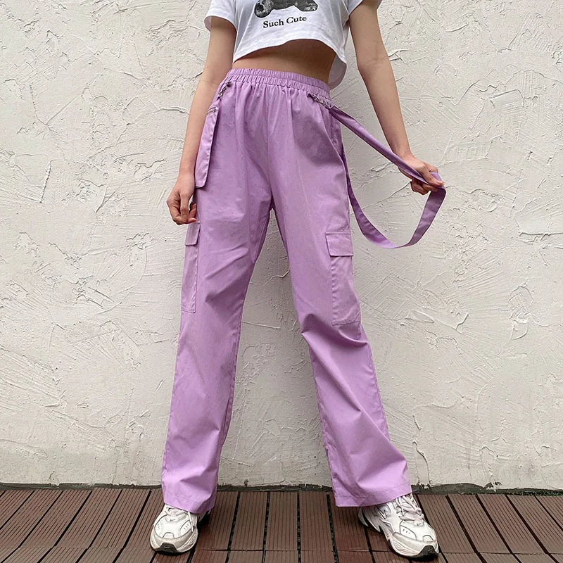 

HOUZHOU 2020 Purple Cargo Pants Women Straight High Waist Pants for Women Summer Wide Leg Pants Pockets Casual Trousers Women