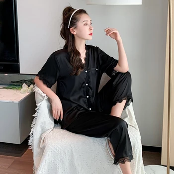 

Summer New 2PCS Pajamas Suit Women Nightwear Pyjamas Satin Casual Shirt&Pants Kimono Robe Gown Silky Intimate Lingerie Homewear