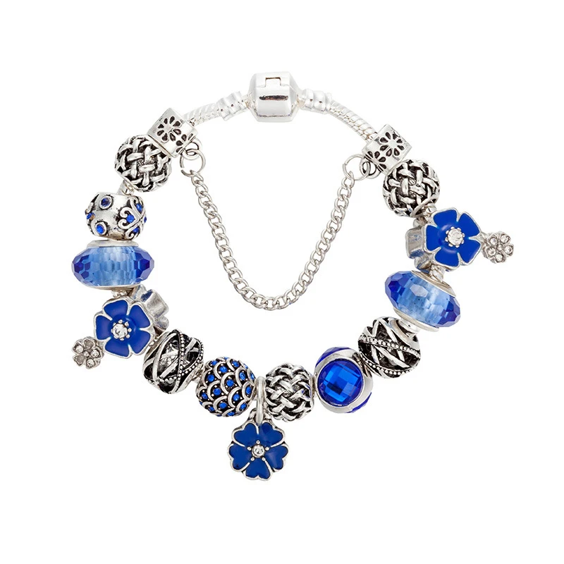 HanCheng Luxury Boho Vintage Flower Charm Bracelet Rhinestone Crystal Glass Beads Bracelets& Bangles for Women Jewelry Silver - Окраска металла: blue 19cm